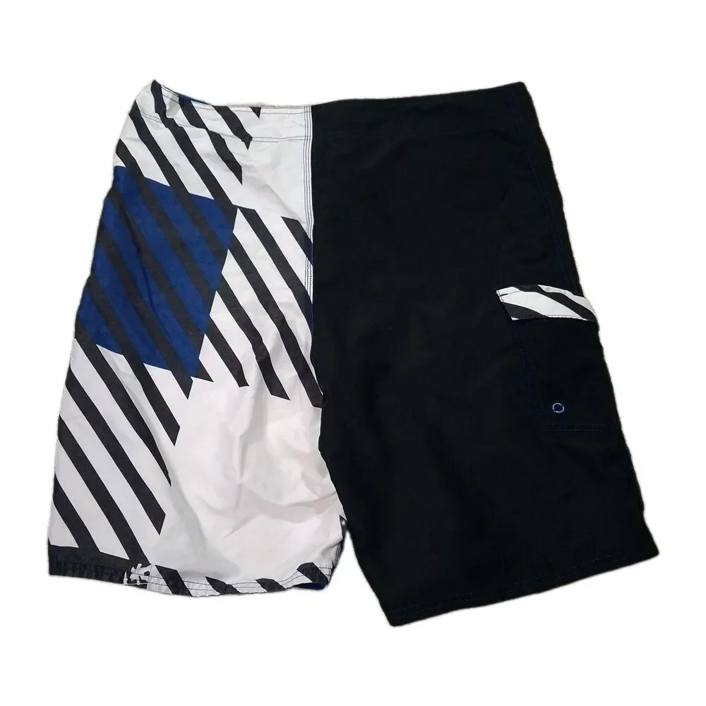 Ironman Triathlon Men's Board Shorts Size 34 Black Blue White Striped Swim...